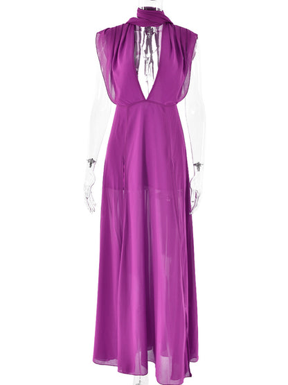 Elegant Sleeveless Bodycon Slit Party Evening Dress Women Sexy Deep V Backless Long Dress Autumn Winter Vestido