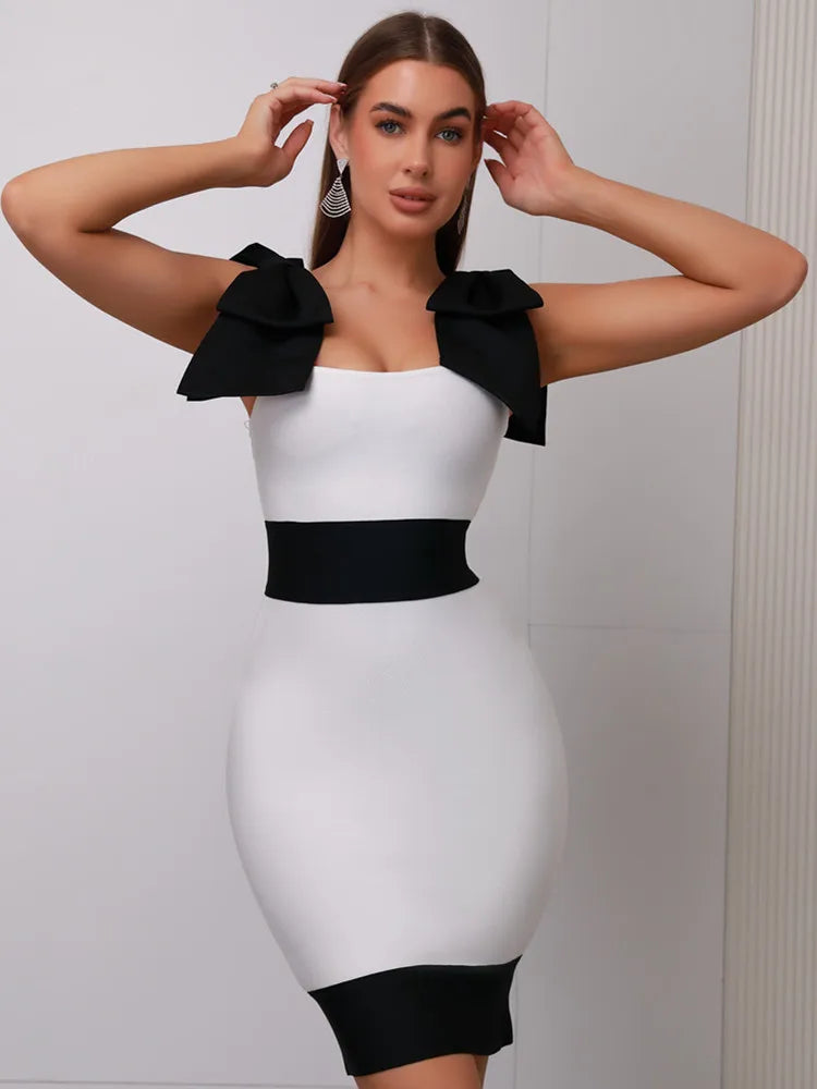 Tanith Colorblock Bandage Dress with Bow Tie