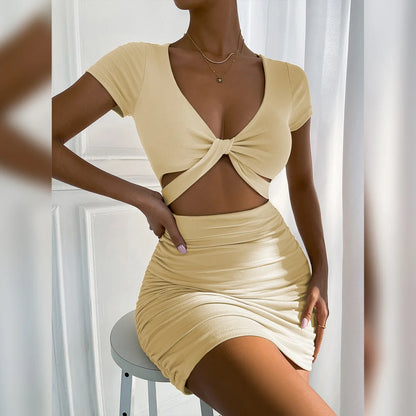 New Y2K Women’s Short sleeved Summer Foreign Trade European and American Sexy V-neck Open Waist Bag Hip Dress