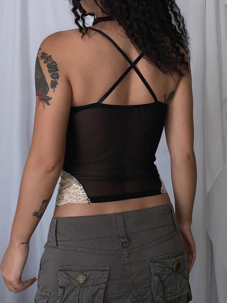 Contrast Lace Patchwork Black Goth Y2K Camisole Women Front Ruched Back Cross Slim Cute Mesh Crop Top