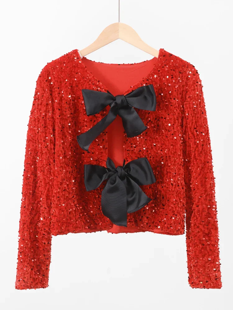 Holiday Tie-front Sequined Jacket For Y2K Shiny Chic Cropped Coat FeElegant Long Sleeve Lady Party Outerwear