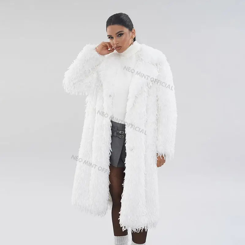 High Street Feathers Eco Fur Coat Women  Winter Lapel Faux Fox Fur Jacket Solid Long Fluffy Fur Overcoat Female