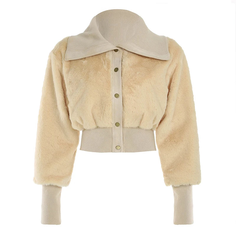 Solid Fluffy Turn-Down Collar Jacket Women s Autumn Winter New Slim Button Cropped Coat Retro Fashion