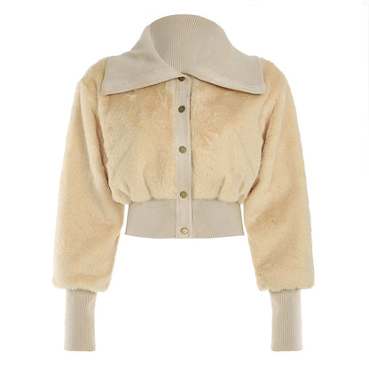Solid Fluffy Turn-Down Collar Jacket Women s Autumn Winter New Slim Button Cropped Coat Retro Fashion
