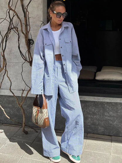 Fashion Contrast Color Shirt Pants Suit 2-piece Women's Summer Striped Casual Patchwork Women's Suit 2-piece Pants Suit