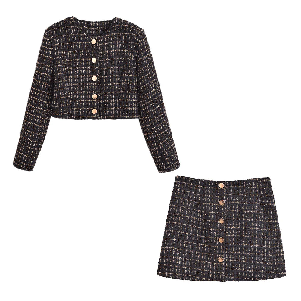 French Retro Women Black Weave Gold Line Tweed Blazer High Waist Center Buttons Back Zipper Mini Skirt Set Suits 2 pieces 1 set