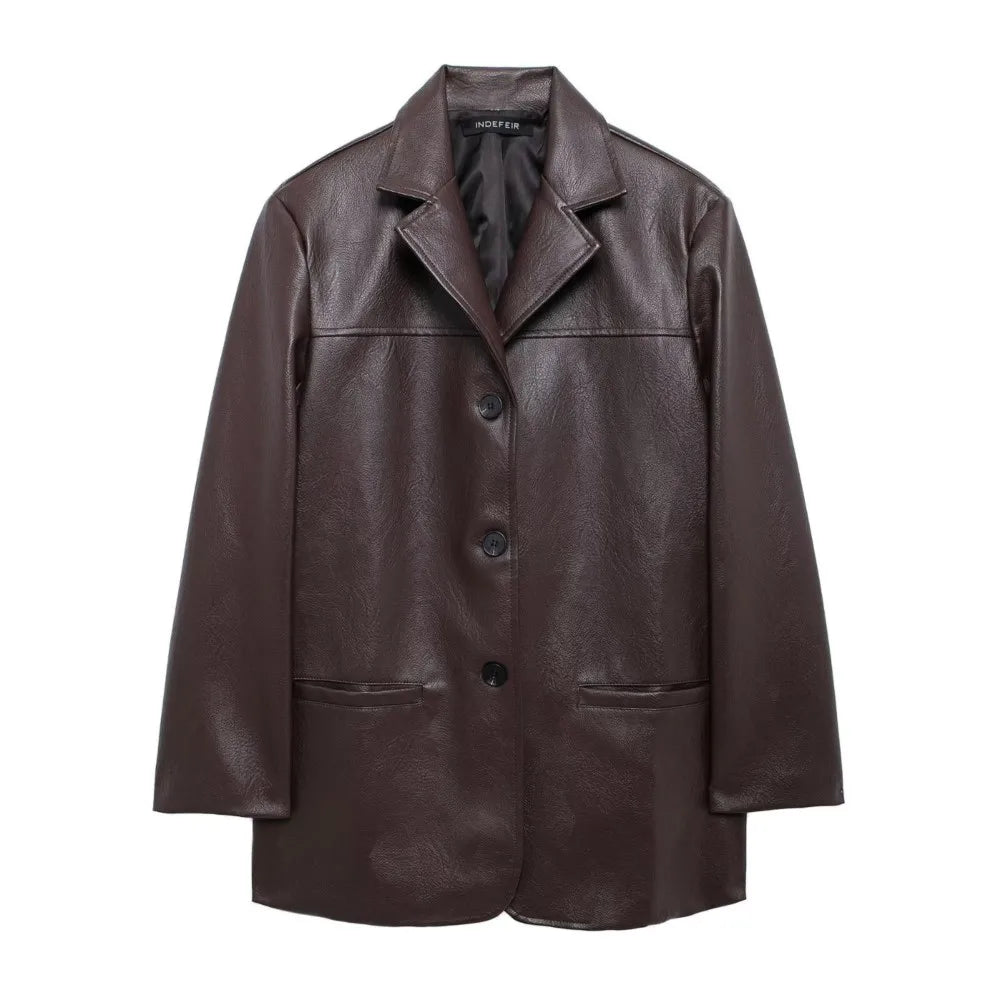 American Retro Women Brown Red PU Leather Blazer Notched Collar Full Sleeve Midi Long Oversized Suits Loose Outerwear
