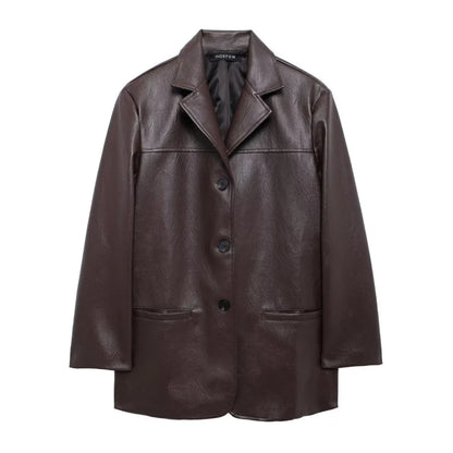 American Retro Women Brown Red PU Leather Blazer Notched Collar Full Sleeve Midi Long Oversized Suits Loose Outerwear