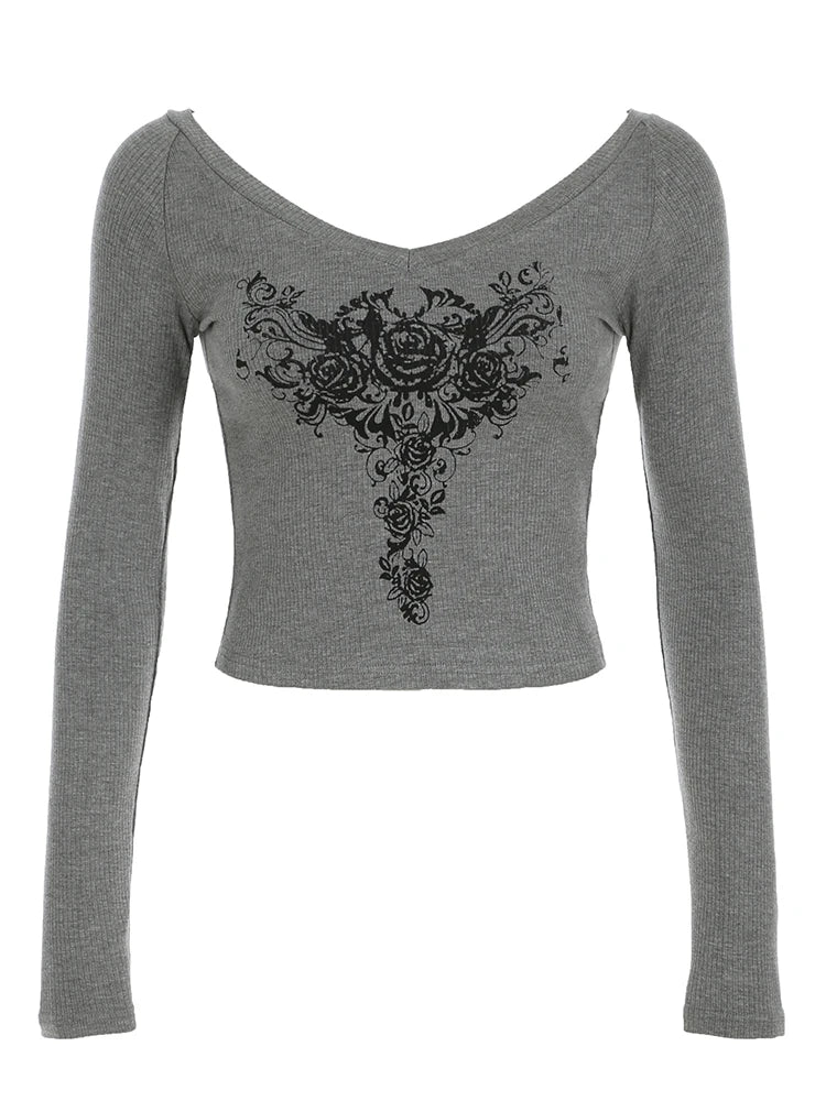 Gray Slim Y2k V-Neck T-Shirt Women Basic Print Gothic Dark Hotsweet Long Sleeve Crop Top Autumn New