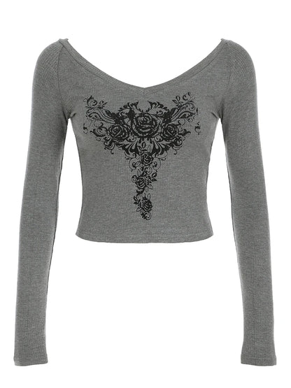 Gray Slim Y2k V-Neck T-Shirt Women Basic Print Gothic Dark Hotsweet Long Sleeve Crop Top Autumn New