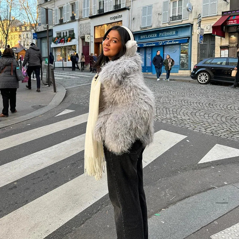 Fluffy Faux Mongolian Fur Coat for Women  Winter Warm Furry Tibetan Sheep Fur Jacket Chic Female Shaggy Overcoat