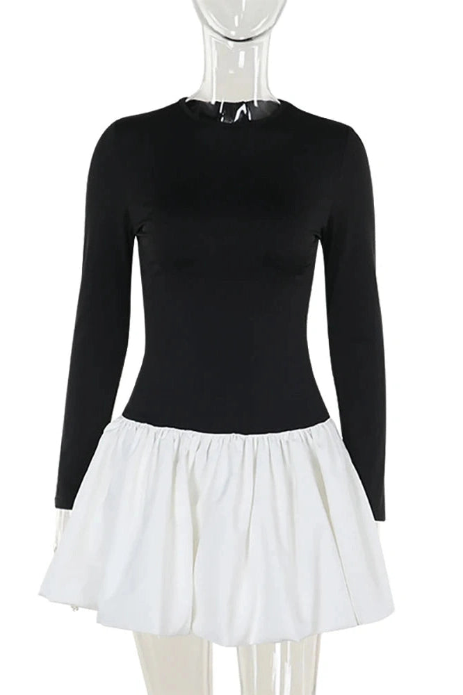 Patchwork Mini Dress with Long Slee-Sleeve and High Waist