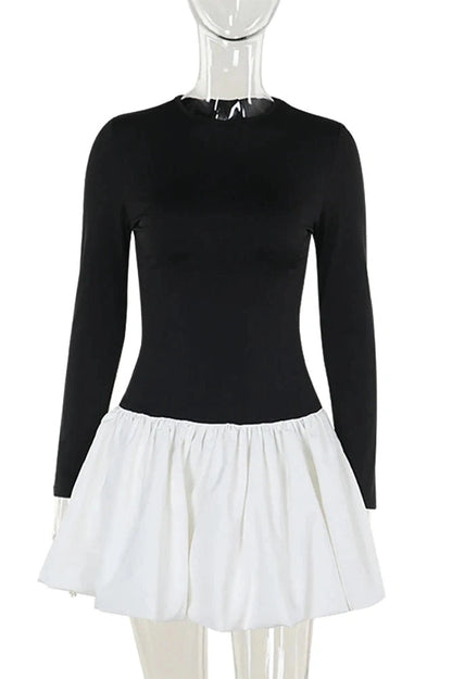 Patchwork Mini Dress with Long Slee-Sleeve and High Waist