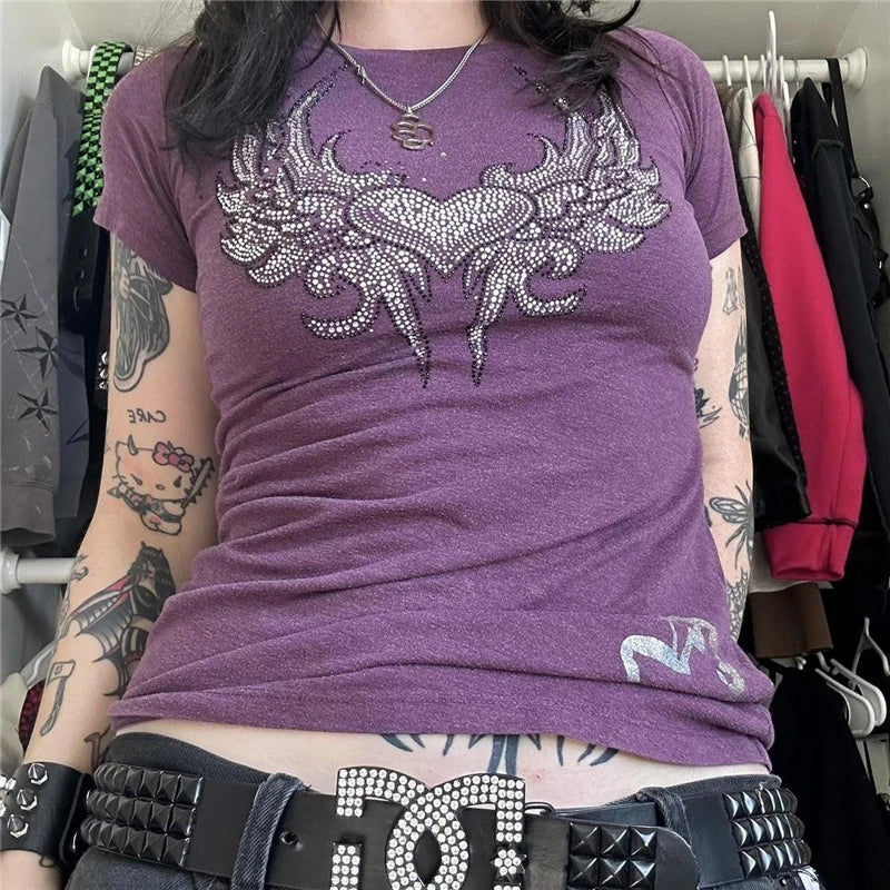 Cyber y2k Tops Cybercore Clothing Rhinestone Cross Print Short Sleeve Baby Tee 2000s Aesthetic T Shirt Streetwear
