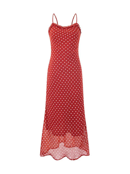 Elegant Red Chiffon Polka Dot Beach Dress for Women Summer Sexy Spaghetti Strap Holidays Dress Fashion Backless Party Outfits