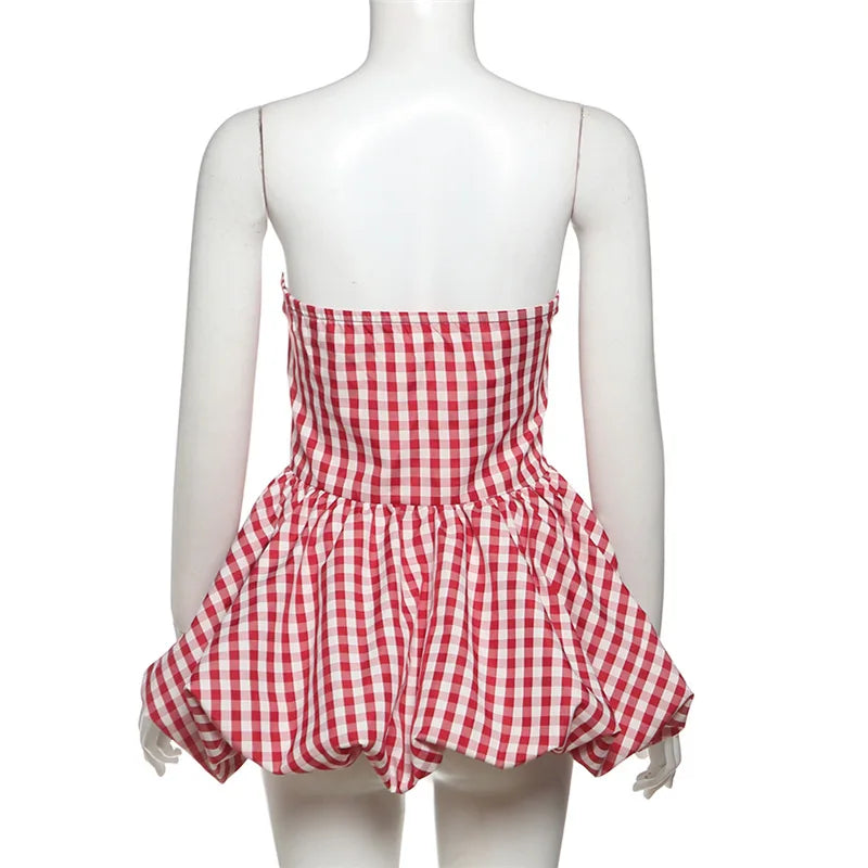 Spring Summer Plaid Tops for Women Streetwear Strapless Off Shoulder Backless Ruched Red T-shirt Girls Sleeveless Tees Top