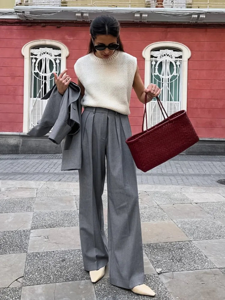 New Autumn Gray Straight Pant Cotton Blend Solid Color High Wiast Loose Woman Trouser Casual Simple Female Clothing New