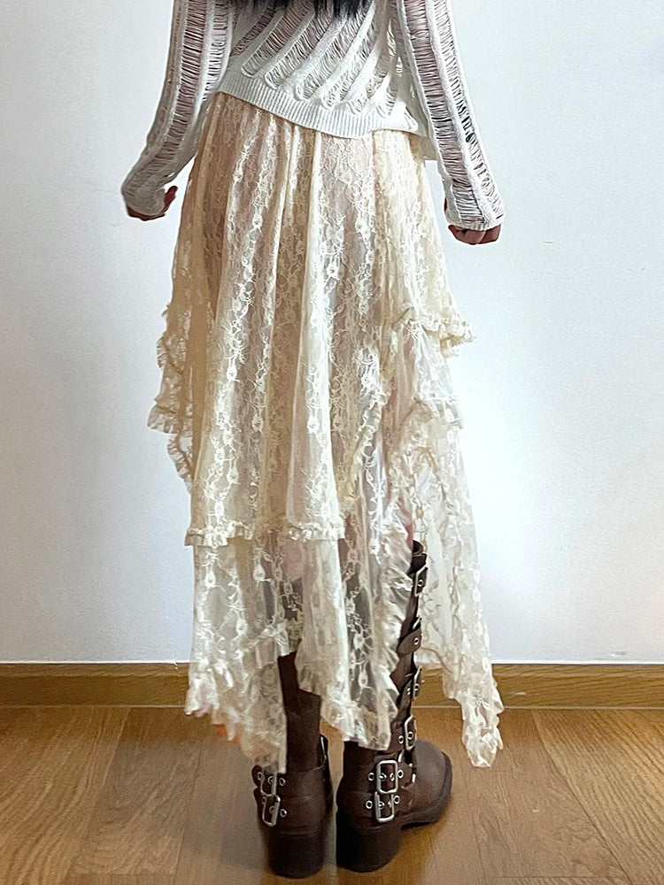 Asymmetrical Lace Long Skirt Women Summer Vacation Holiday Clothing