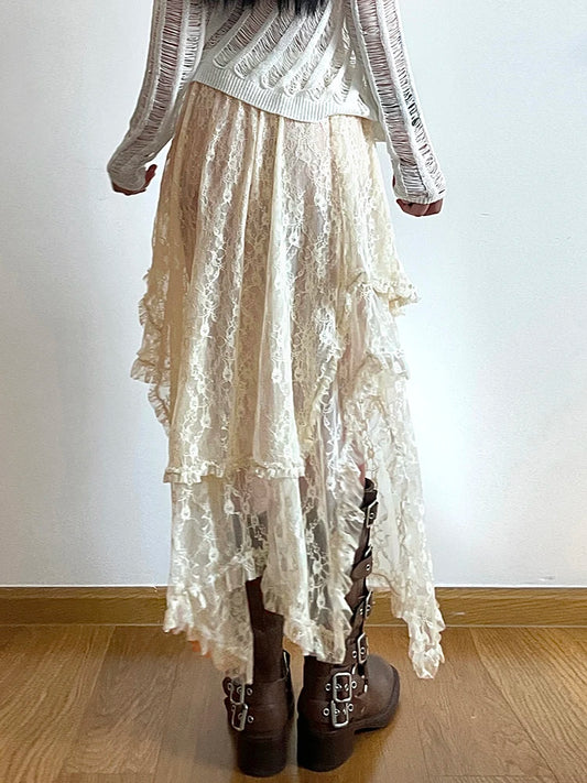 Asymmetrical Lace Long Skirt Women Summer Vacation Holiday Clothing