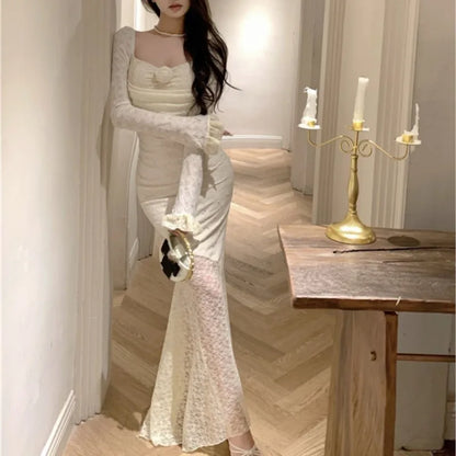 Autumn Sexy Lace Maxi Dresses for Women Off Shoulder Fishtail Bodycon Mermaid Birthday Evening Party Prom Robe Vestidos Mujer