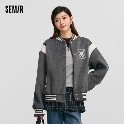Coat Women Embroidery Patchwork Contrast Color Loose Jacket  New Winter Imitation Woolen Baseball Jacket