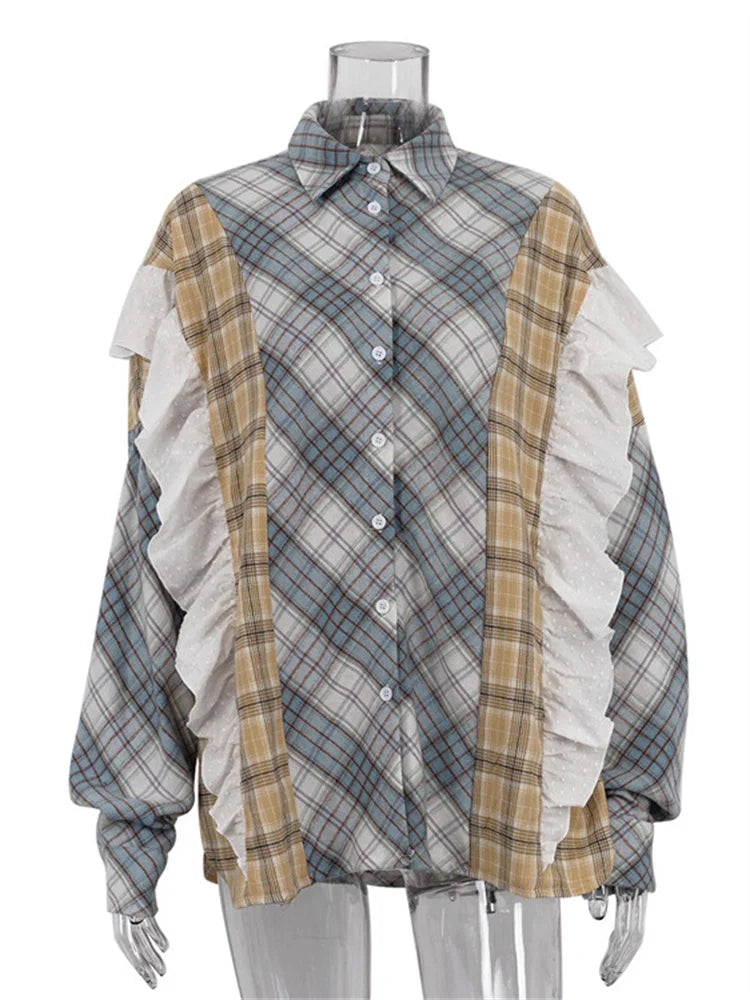 Ruffled Fashion Patchwork Shirts Women’s Long Sleeve Lapel Cardigan Striped Contrast Clothes For Women Summer Shirts Coat