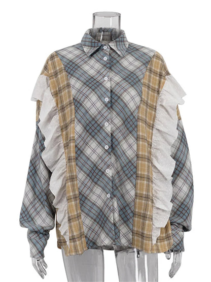 Ruffled Fashion Patchwork Shirts Women’s Long Sleeve Lapel Cardigan Striped Contrast Clothes For Women Summer Shirts Coat