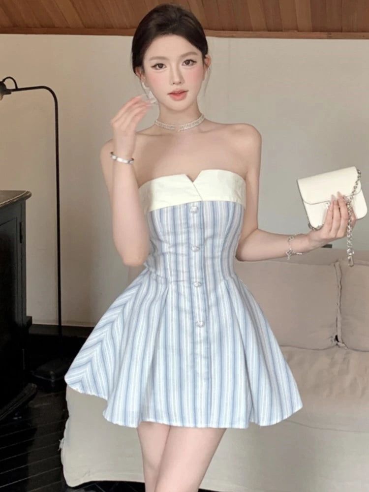Elegant Y2K Strapless Mini Dresses for Women Bow Patchwork A-line Birthday Party Dress Korean Fashion Prom Short Vestidos Mujer