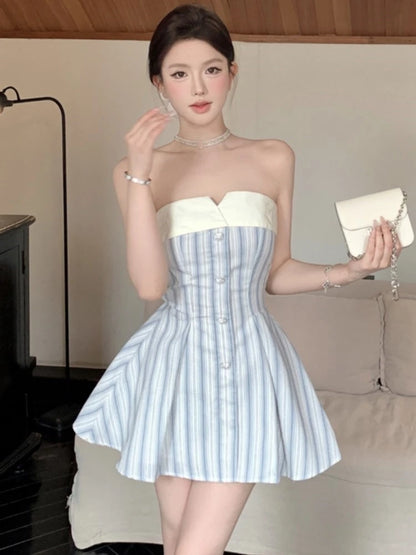 Elegant Y2K Strapless Mini Dresses for Women Bow Patchwork A-line Birthday Party Dress Korean Fashion Prom Short Vestidos Mujer