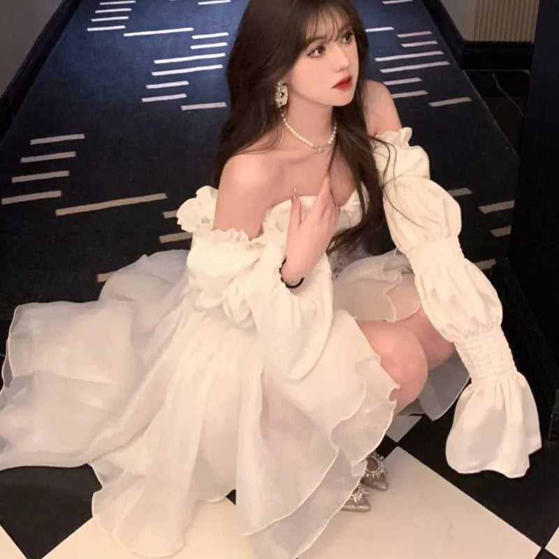 Elegant Evening Party Dresses Women Puff Sleeve Off Shoulder Lace-up Wedding Prom Robe Ball Gown A-line Y2K Midi Vestidos New