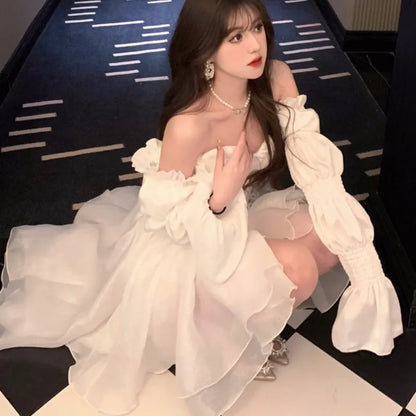 Elegant Evening Party Dresses Women Puff Sleeve Off Shoulder Lace-up Wedding Prom Robe Ball Gown A-line Y2K Midi Vestidos New