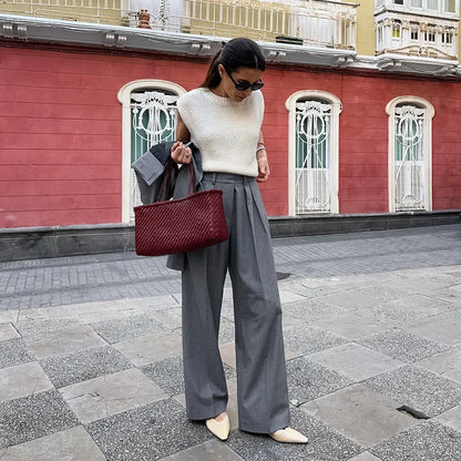 New Autumn Gray Straight Pant Cotton Blend Solid Color High Wiast Loose Woman Trouser Casual Simple Female Clothing New