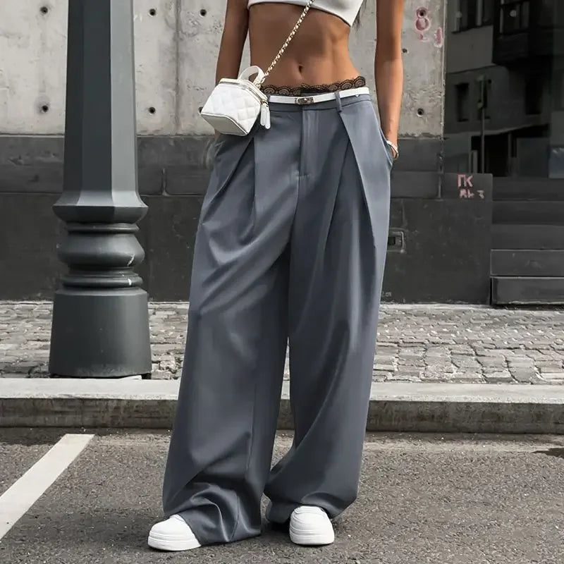 Y2k Lace Patchwork Waist Pants Women Baggy Casual Korean Fashion Office Oversize Trousers Basic Old Money Pantalones
