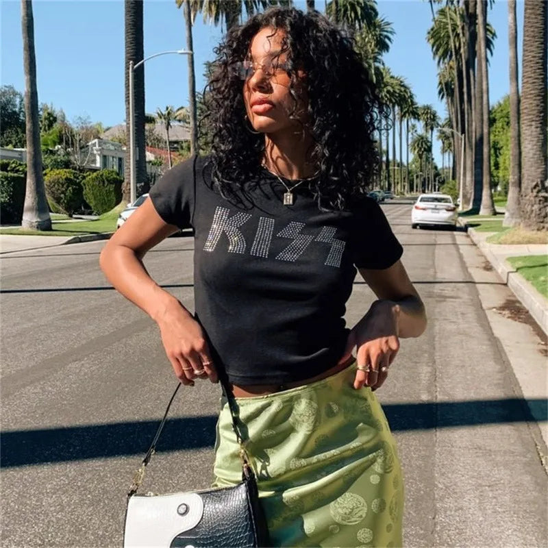 Summer European and American style short sleeved T-shirt with letter hot diamond top, t-shirt with slim fit inside for women