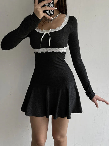 Voguable Lace Patchwork Knitted Mini Dresses Y2K Sweet Bow Bodycon Long Sleeve Pleated Dress Casual Korean Style