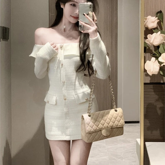 Elegant Tweed Slash Neck Short Dresses for Women Long Sleeve Slim Waist Birthday Party Dress Korean Fashion Vestidos Mujer