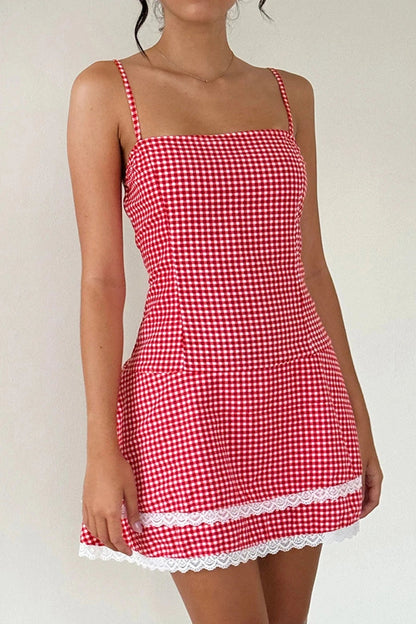 Plaid Lace Spaghetti Strap Mini Dress