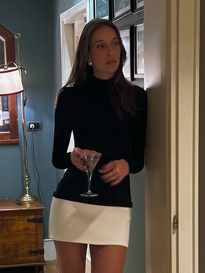 Turtleneck Splice Long Sleeve Mini Dress Women’s Fashion Contrast Color Bodycon Sexy Dresses Autumn New Club Party Dress