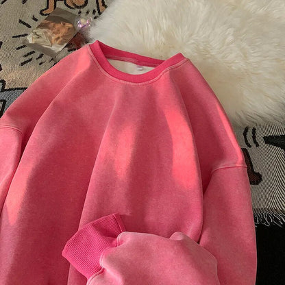 American Washed Old Pullovers Sweatshirts Loose Solid Color Large Size Warm O Neck Tops Hip Hop Y2k Sweatshirt