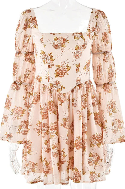Printed Backless Mini Dress with Square Collar