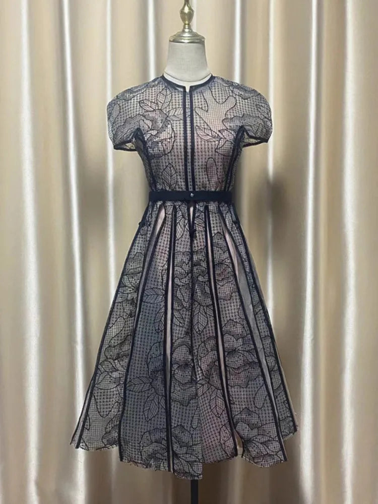 Vintage Party Dress Fashion O Neck Short Sleeve Lace Mesh Embroidery Elegant Long Dresses For Women 2025 Spring Summer 8980