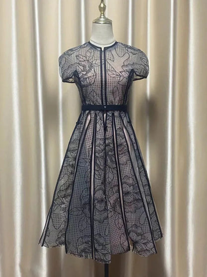 Vintage Party Dress Fashion O Neck Short Sleeve Lace Mesh Embroidery Elegant Long Dresses For Women 2025 Spring Summer 8980