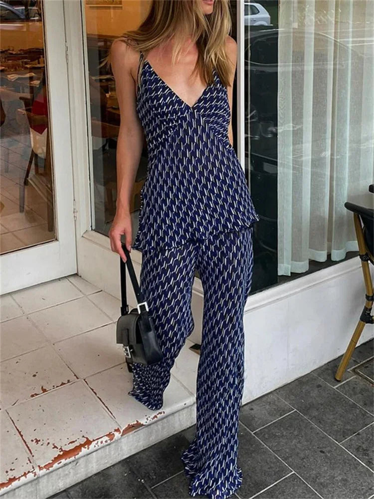 Printed Fashion Women’s Pants Outfits V-Neck Contrast Slim Pullover And Wide Leg Trousers 2 Piece-Set Clothes Casual Sets