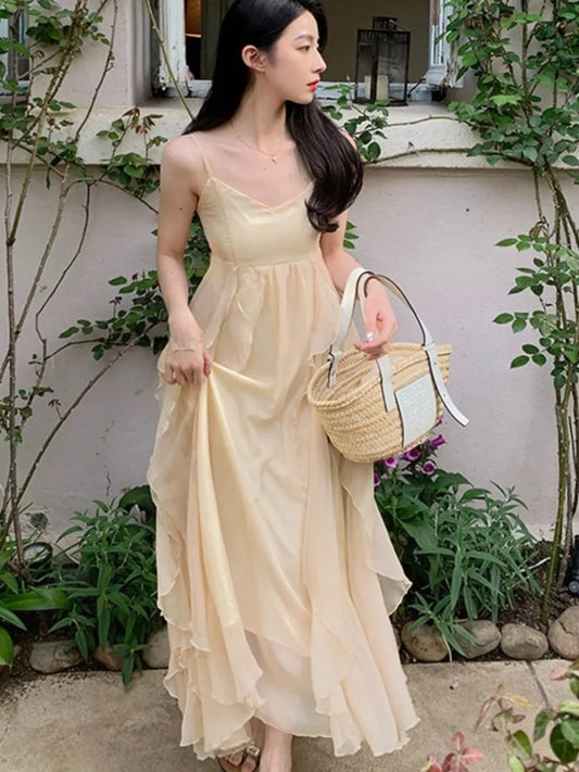 New Spaghetti Strap Elegant Dresses for Women Summer Ruffles A-line Holiday Beach Style Casual Party Dress Y2K Vestidos Mujer