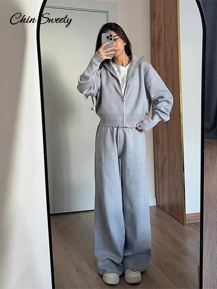Knitted Pants Sets Women Stand Collar Zipper Cardigan Loose High Waist Pants Suits  Autumn Winter New in Matching Outfits