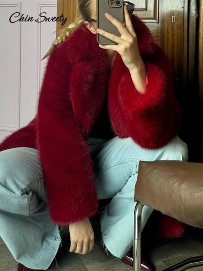 Luxury Women’s Red Faux Fur Long Overcoat Fleece Thick Warm Full Sleeve Lapel Cardigan Coat  Winter Fashion Loose Outerwear