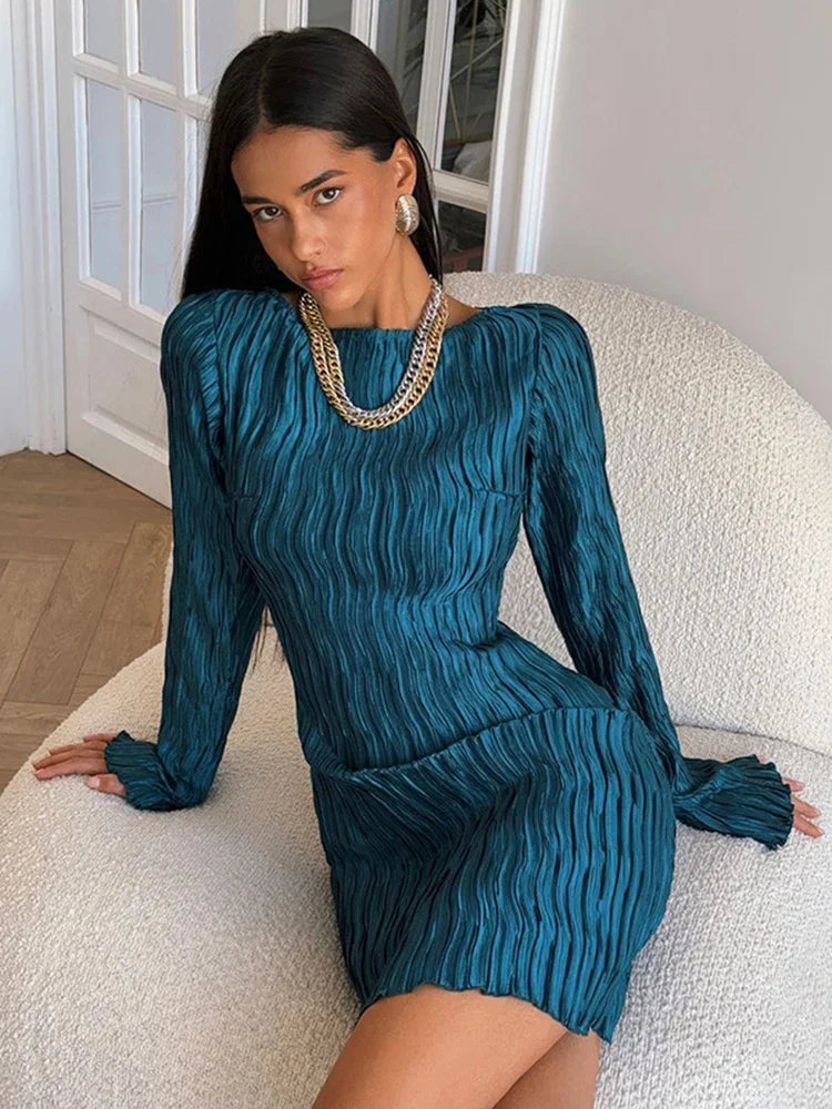Elegant Textured Ruched Long Sleeve Dress For Women Fashion Solid Mini Dress Female Club Party Outfits Autumn  New