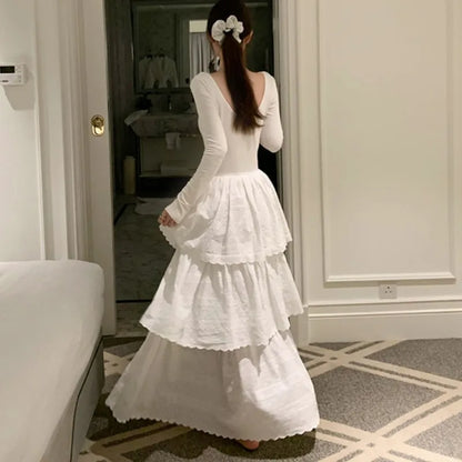 Autumn New Cake Midi Dresses for Women Solid Long Sleeve U-neck Backless A-line Korean Fashion Casual One Piece Vestidos Mujer