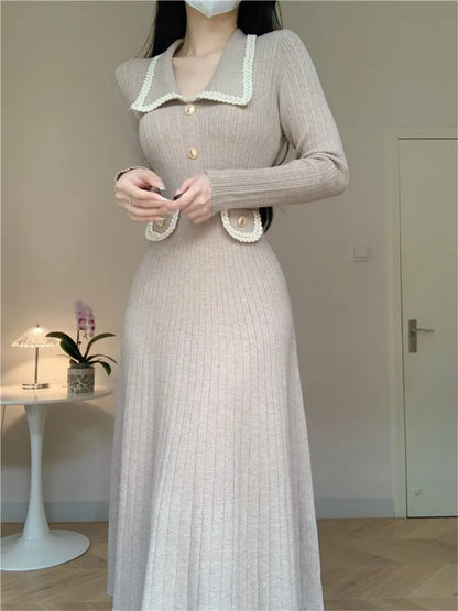 Autumn Winter Knitted Dresses for Women Turn-down Collar Korean Fashion A-line Casual Solid Dress Slim Vestidos Mujer  New