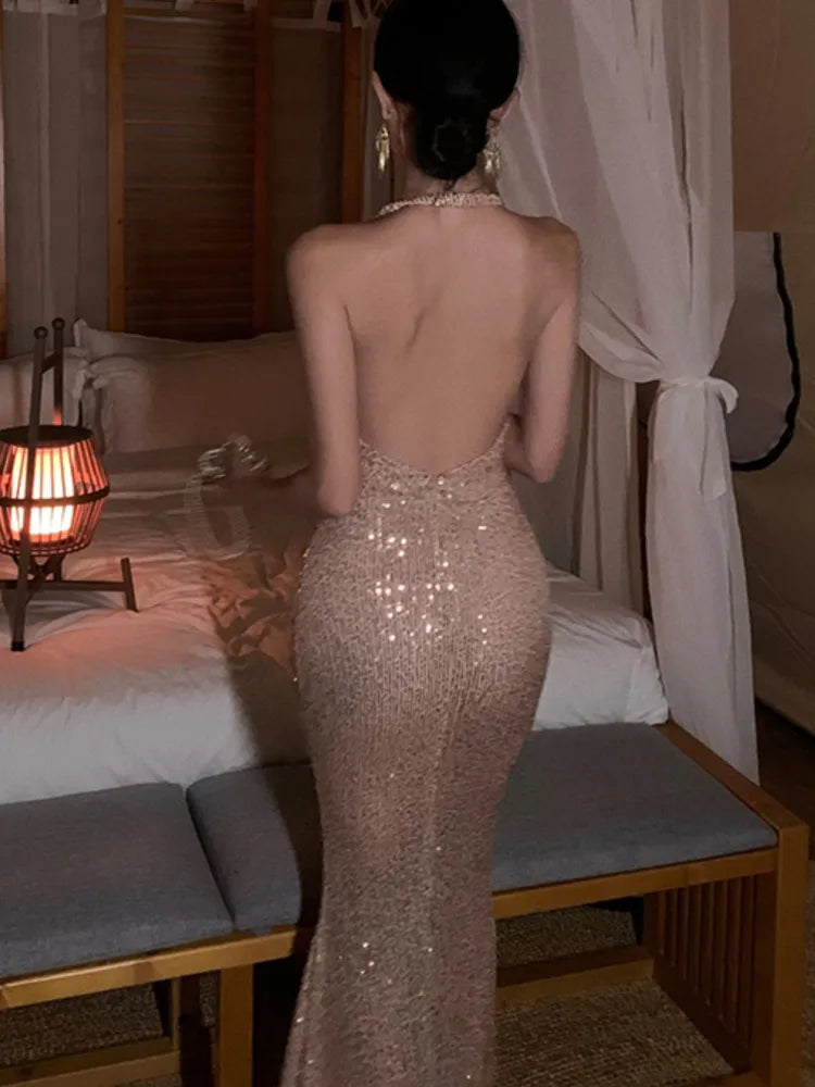 Sexy Bodycon Long Dresses for Women Halter Sleeveless Backless Evening Party Dress Sequined Prom Robe Summer Maxi Vestido Mujer